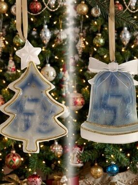 Blue and White Holiday Tree & Bell Ornaments - Brand Wilcor